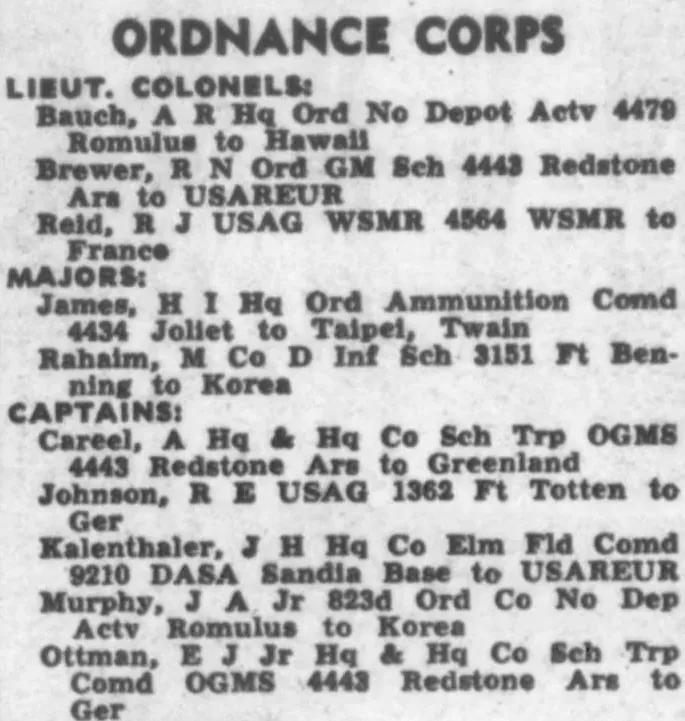 Ausschnitt aus der Army Times vom 22. Juli 1961: Liste der Auslandsversetzungen im Ordnance Corps mit Capt. R. E. Johnson, Fort Totten, nach Deutschland