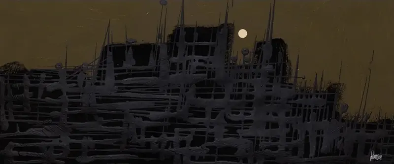 Nachtstück: Stadtsilhouette mit hellem Mond